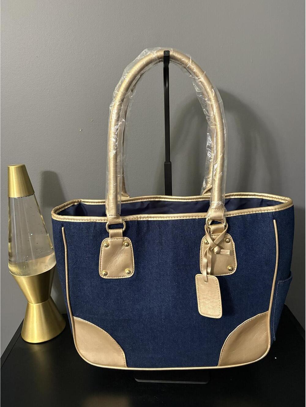 Neiman Marcus Denim & Metallic Gold Tote Bag